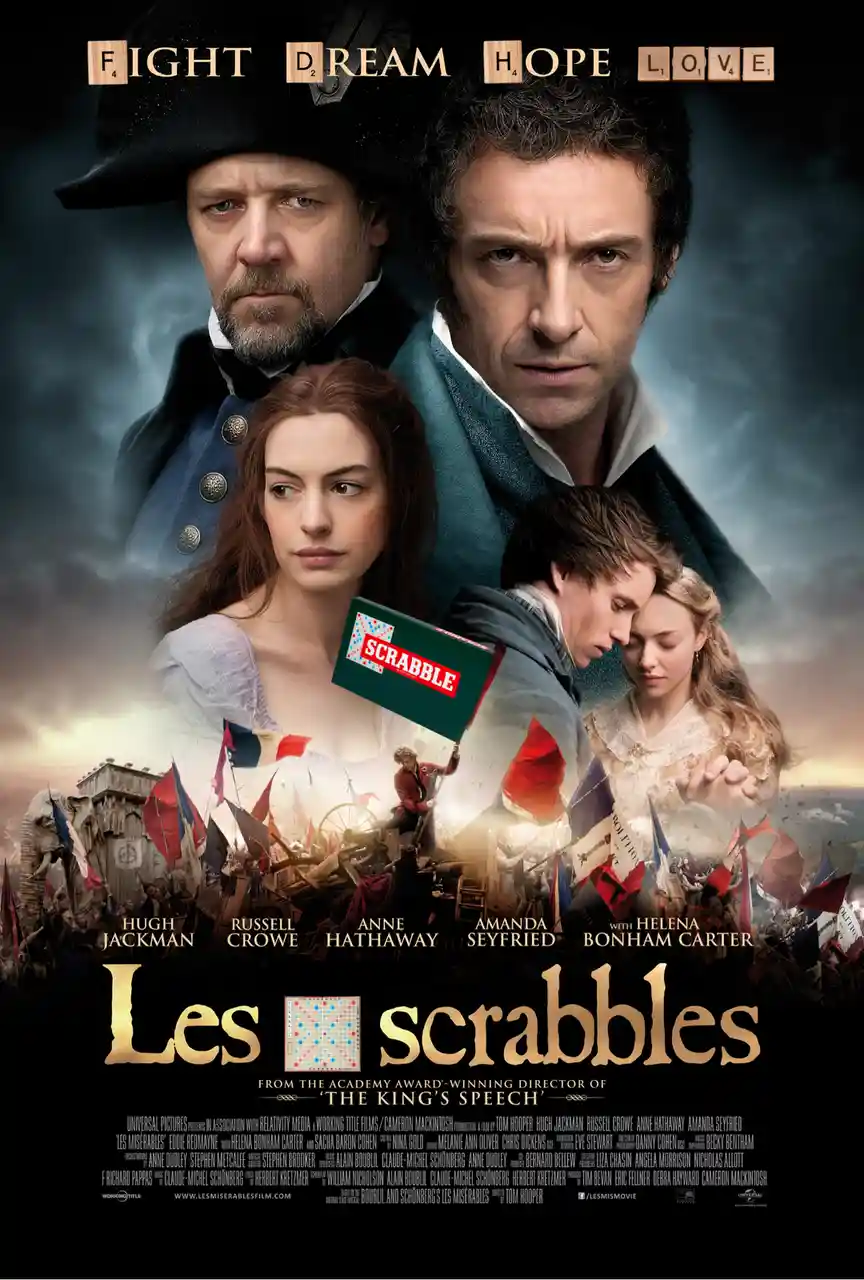 A movie poster for 'Les Misérables' is edited to look like a Scrabble board, with the title changed to 'Les scrabbles' and…