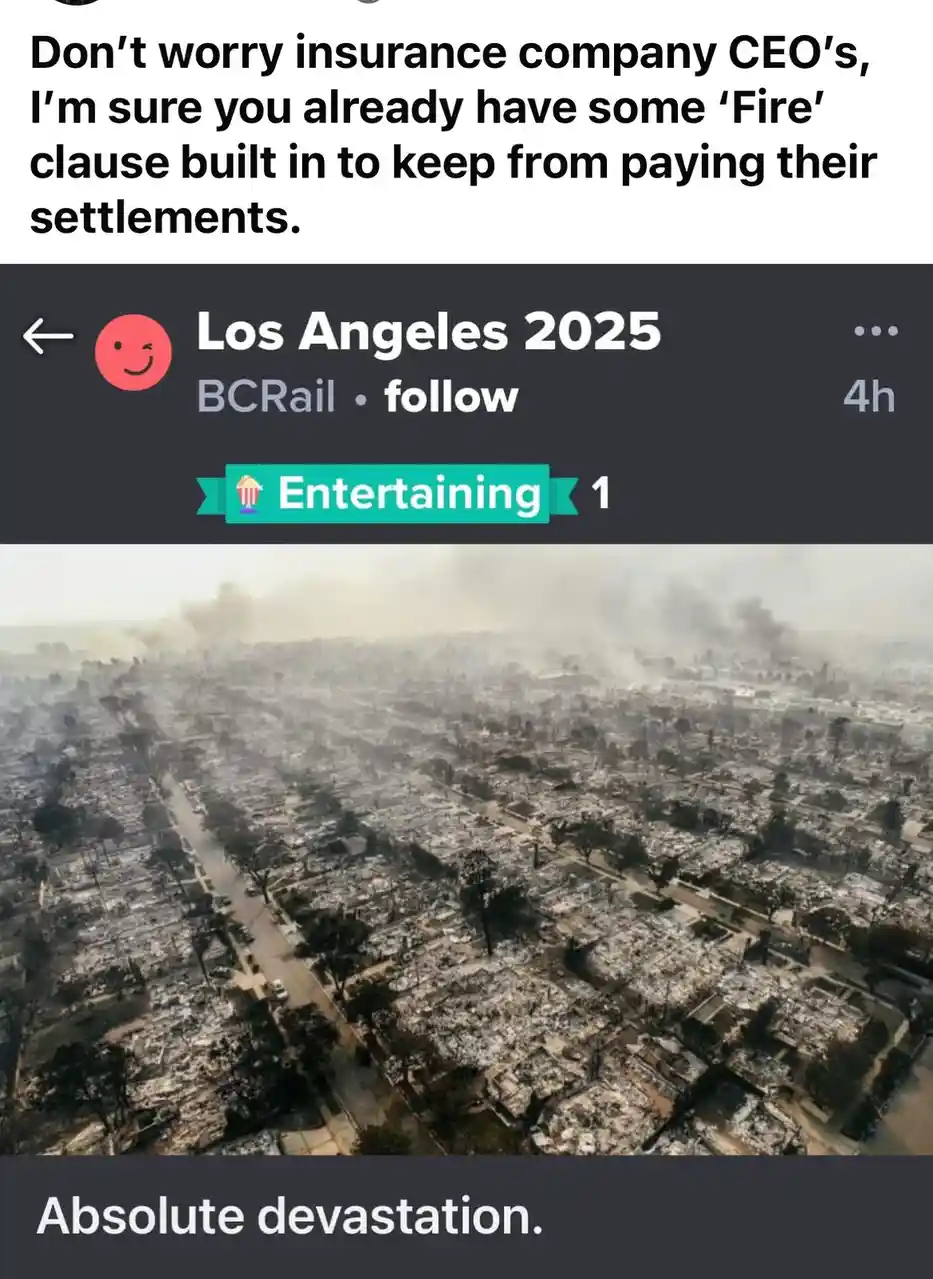 An aerial photo shows a cityscape completely destroyed by fire, with ash-covered ruins and smoke rising. Overlaid text at…