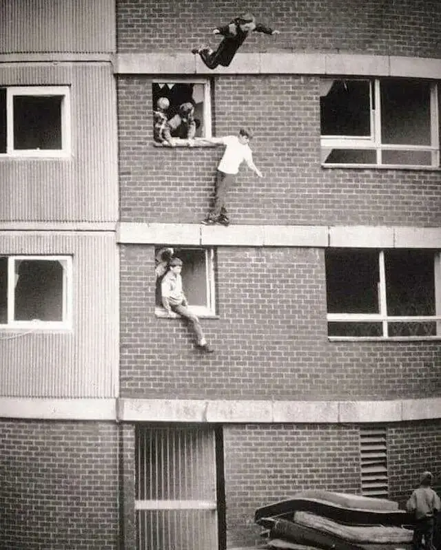 Kids in 1980s England: Jumping out of windows and bouncing on old mattresses like pros!