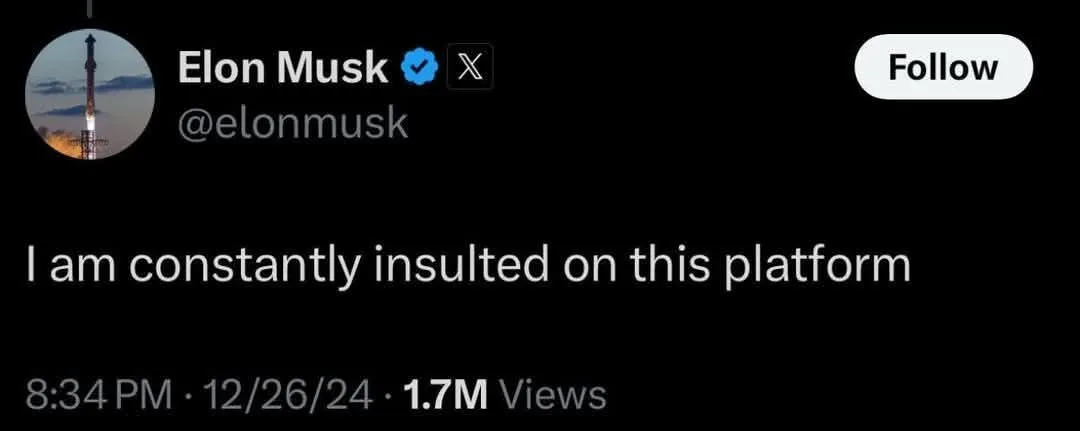 A screenshot of a tweet from Elon Musk's verified X account, showing his profile picture of a rocket launch, his handle…