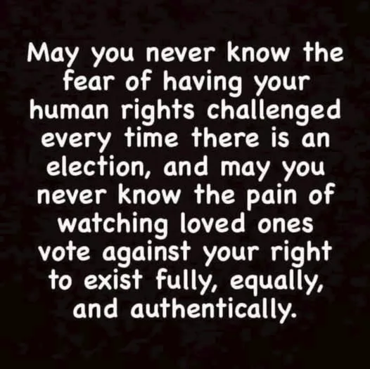 A black background with white text that reads a solemn wish for never experiencing the fear of having human rights…