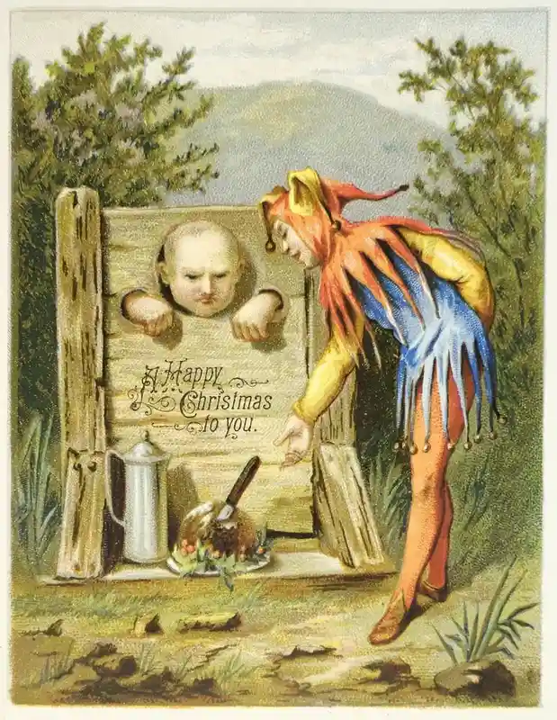 A vintage illustration shows a jester in a colorful costume leaning toward a wooden box with a child's head and arms…