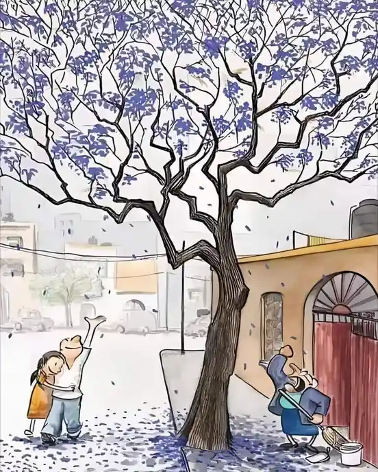 An illustrated scene shows a large tree with purple blossoms falling, crushing a man sweeping near a building while a couple…
