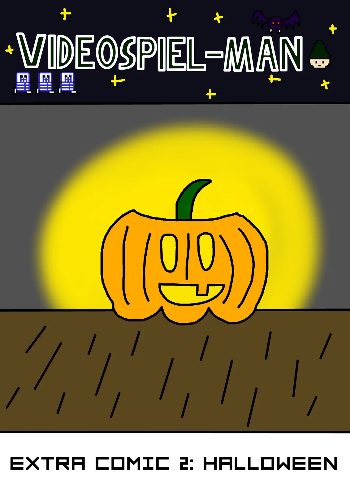 A cartoon jack-o'-lantern with a smiling face emerges from brown soil against a glowing yellow moon. The top banner reads…