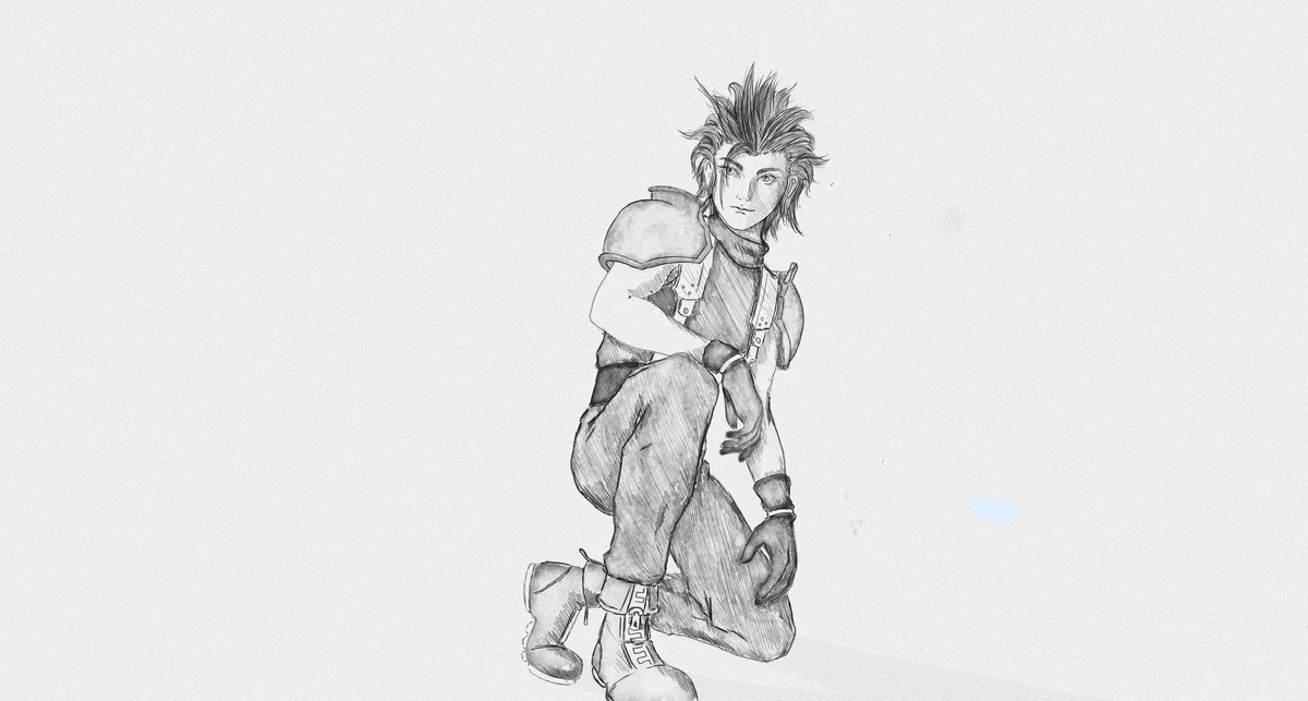 A black-and-white pencil sketch of a male anime-style character with spiky hair, kneeling on one knee with his arms crossed…