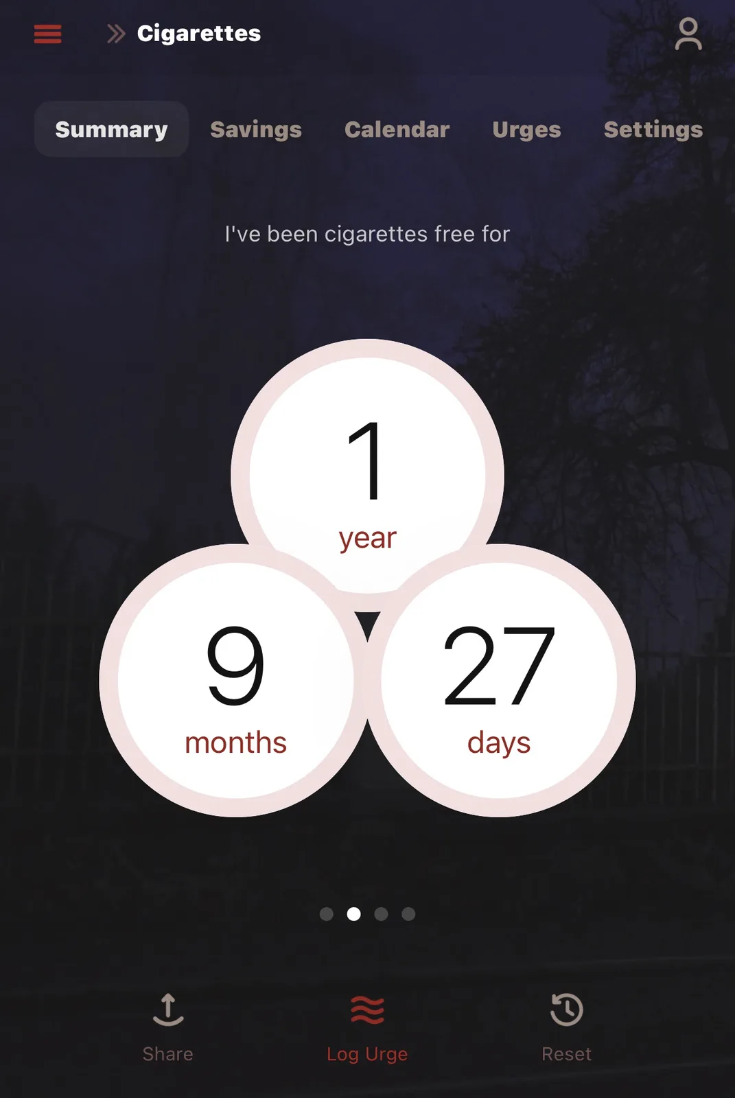 A screenshot of a quit-smoking app's summary screen showing a user has been cigarette-free for 1 year, 9 months, and 27…