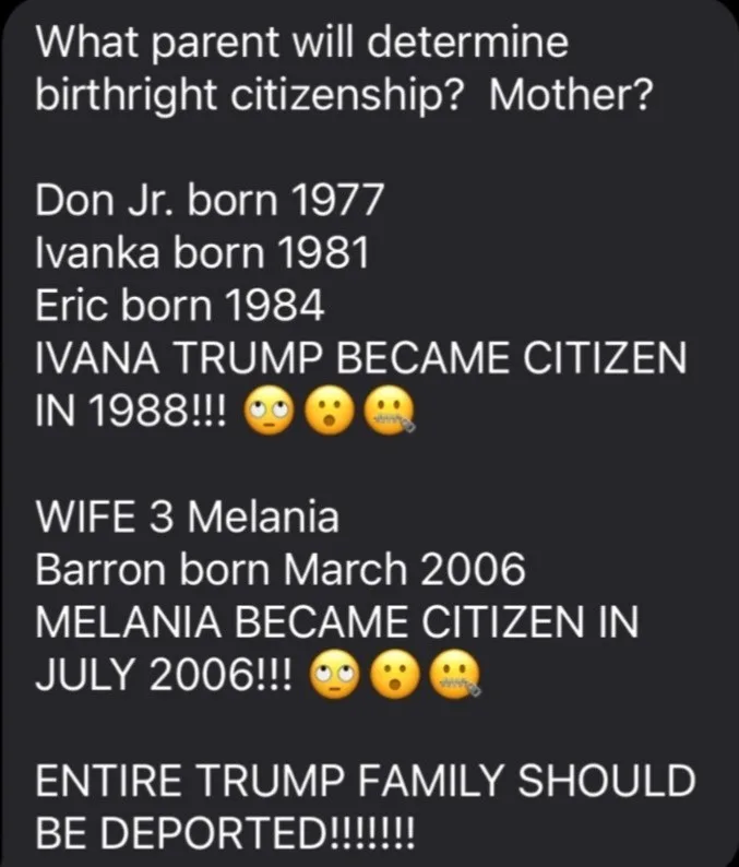 A dark-themed text-based image lists the birth years of Donald Trump's children and the citizenship years of his wives…