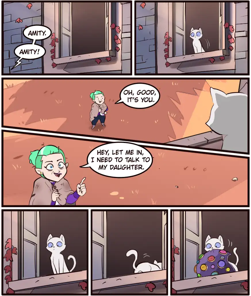 A comic strip shows a white cat named Amity looking out a window. A woman with green hair calls out to her, and when she…