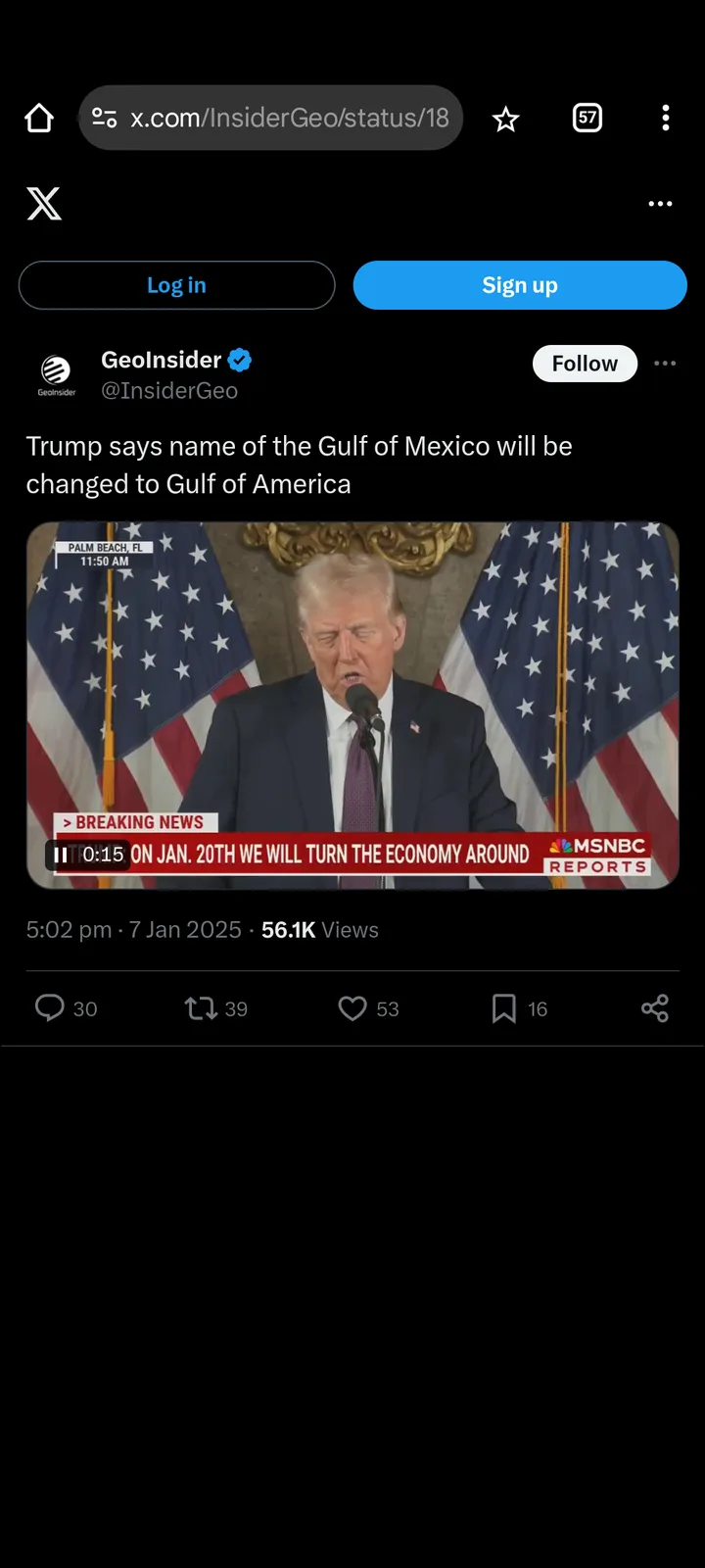 A screenshot of an X (Twitter) post by GeoInsider featuring a video clip of Donald Trump speaking at a podium flanked by…