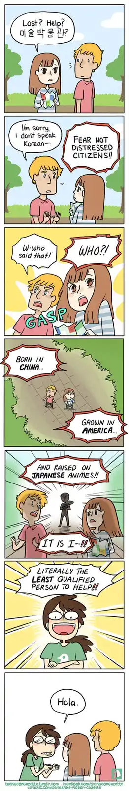 A comic strip shows a lost tourist asking a man for help in Korean. He claims not to speak Korean, but then reveals he was…