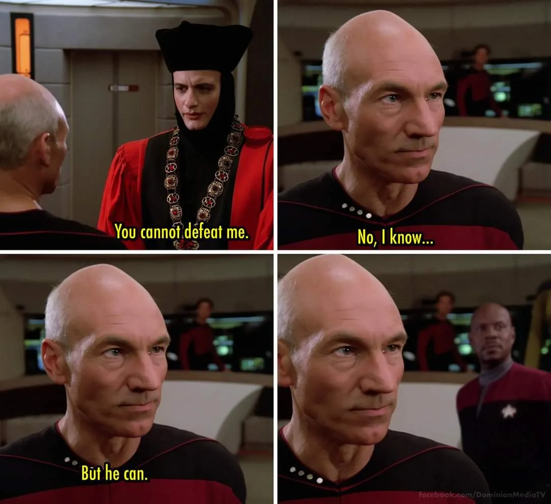 A four-panel meme from Star Trek: The Next Generation showing the villain Worf in a red and black robe saying 'You cannot…