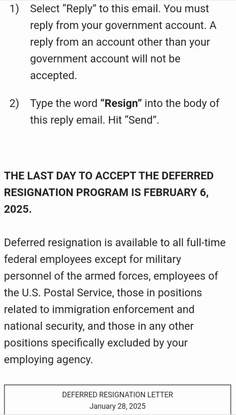 The image displays a government-style email titled 'DEFERRED RESIGNATION LETTER' dated January 28, 2025. It instructs…