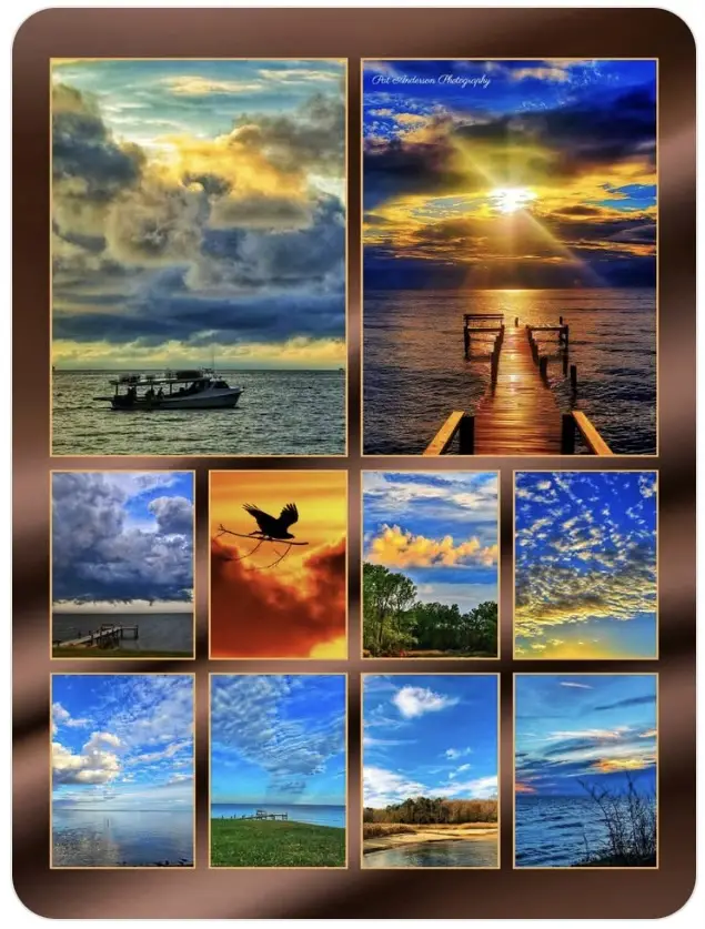 A collage of nine vibrant, edited nature photos showing sunsets, sunrises, boats, docks, and birds against dramatic skies…