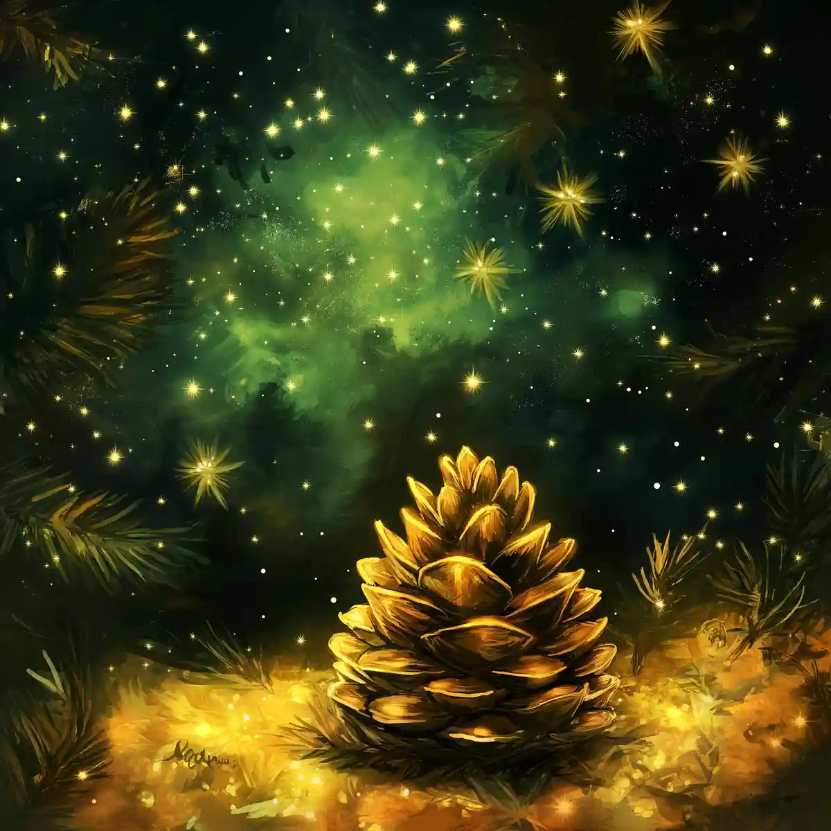 A golden pinecone rests on a glowing, starry forest floor surrounded by pine branches, with a magical green nebula and…