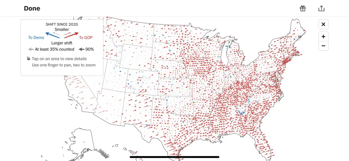 Washington Post's Voter Percentage Shift Map from 2020 to 2024