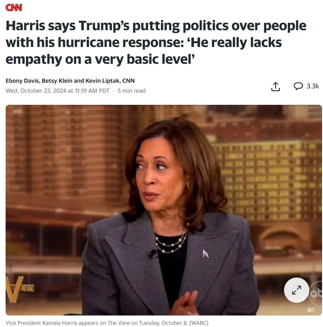 A screenshot of a CNN news article featuring Vice President Kamala Harris speaking on a TV show. She is wearing a gray…
