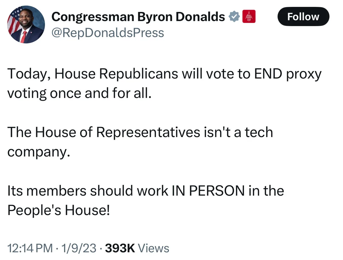 A screenshot of a tweet from Congressman Byron Donals' official account, featuring his profile picture and a message about…