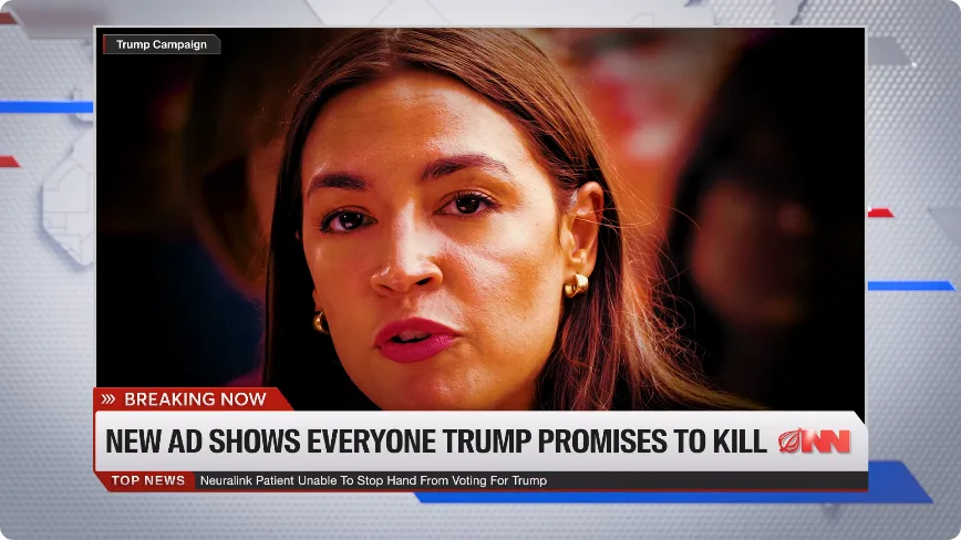 A news broadcast graphic shows a close-up of a woman with brown hair and pink lipstick, overlaid with a breaking news banner…