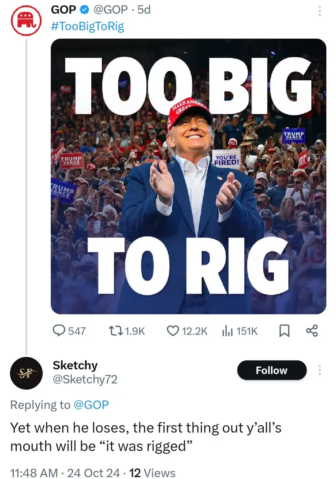 A screenshot of a tweet from the GOP account showing a photo of Donald Trump smiling and clapping in front of a crowd…