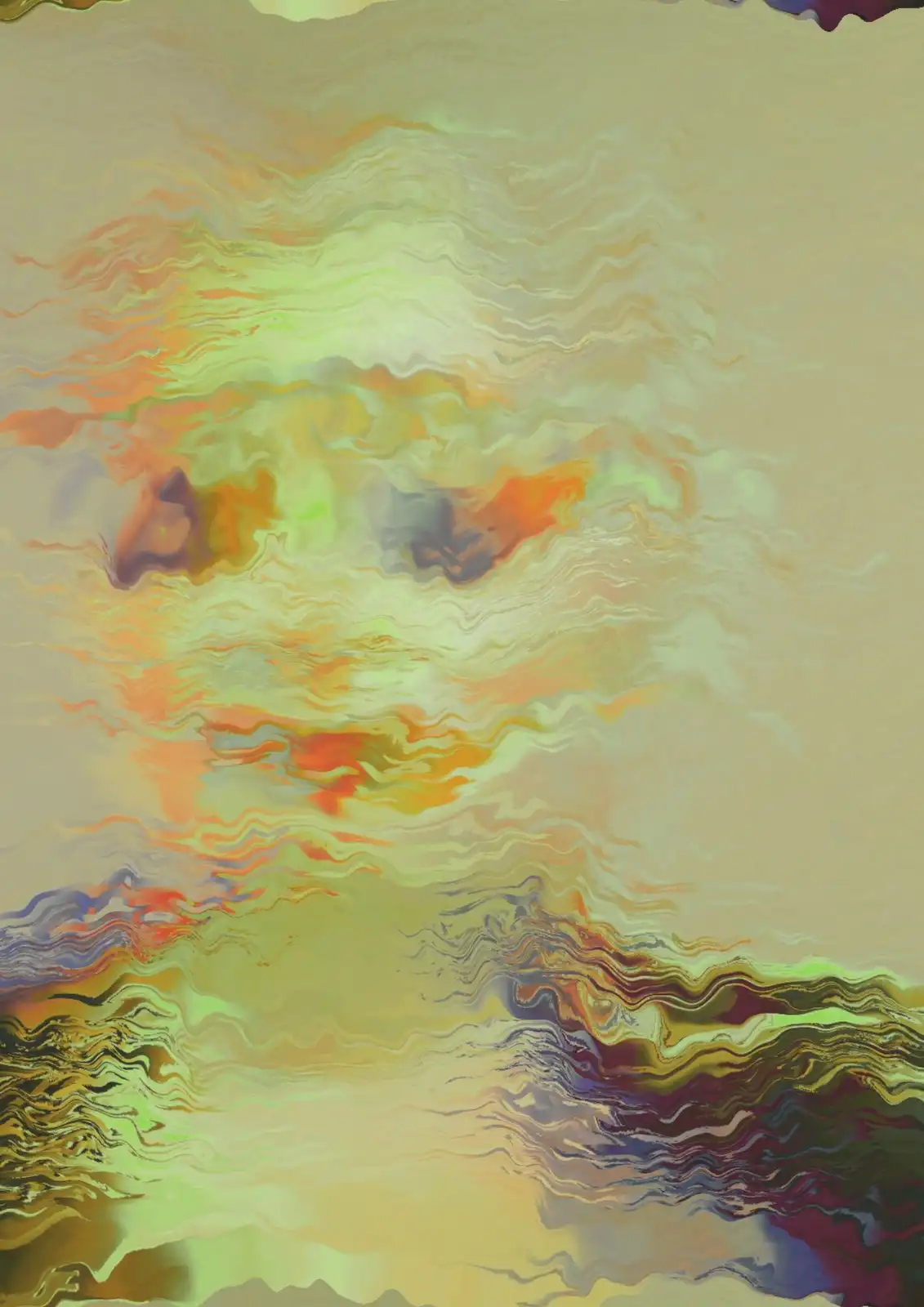 An abstract, wavy, colorful image resembling a distorted reflection or liquid paint swirls in pastel yellows, greens…