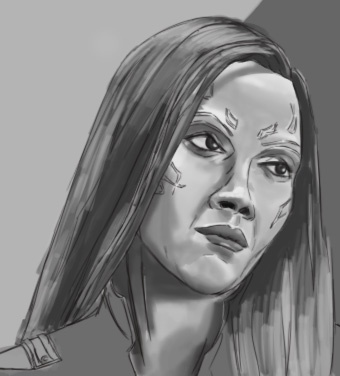 A grayscale sketch of a woman with long hair and facial markings, looking directly at the viewer with a serious expression…