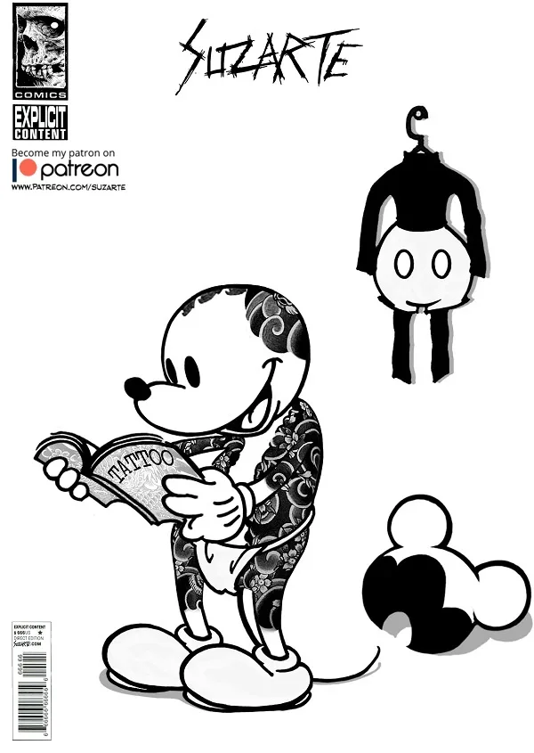 A black-and-white comic book cover by Suzarte featuring Mickey Mouse covered in tattoos while reading a 'TATTOO' book. In…