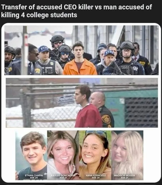 The meme juxtaposes two images: the top shows a man in an orange jumpsuit surrounded by heavily armed NYPD officers during a…