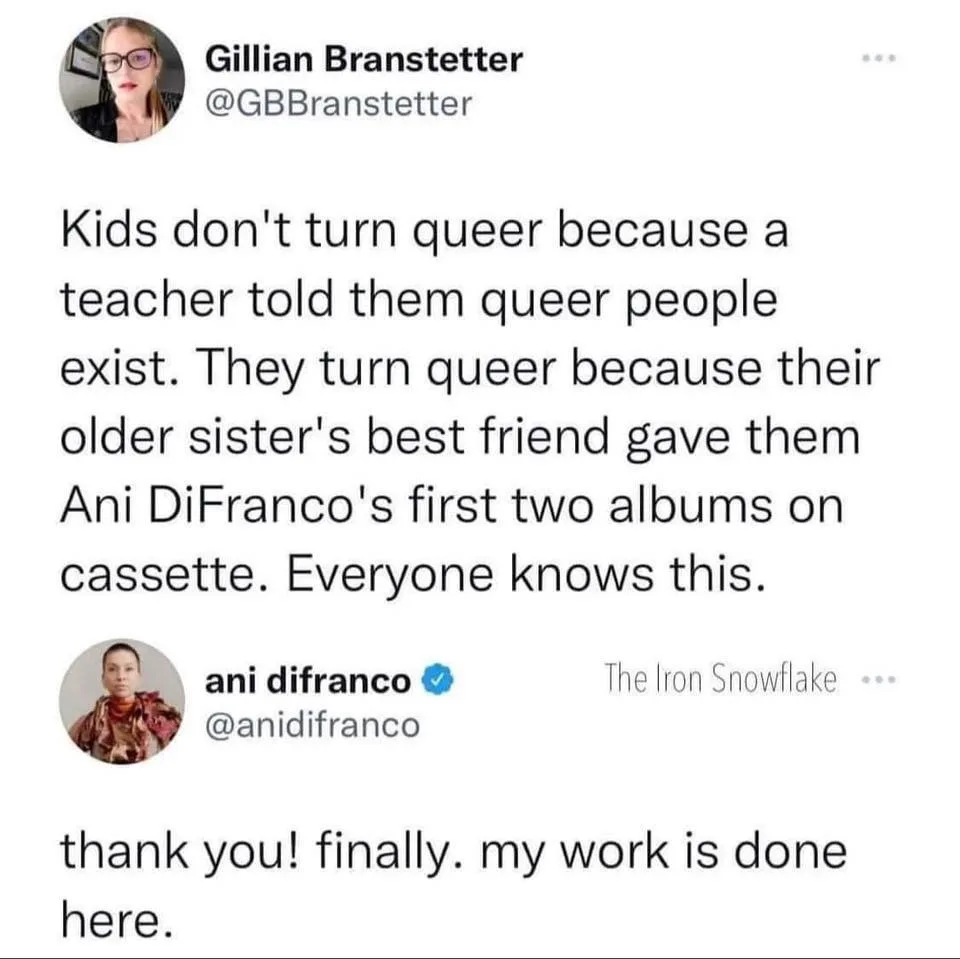 A screenshot of a Twitter thread shows Gillian Branstetter's tweet claiming kids become queer due to receiving Ani…