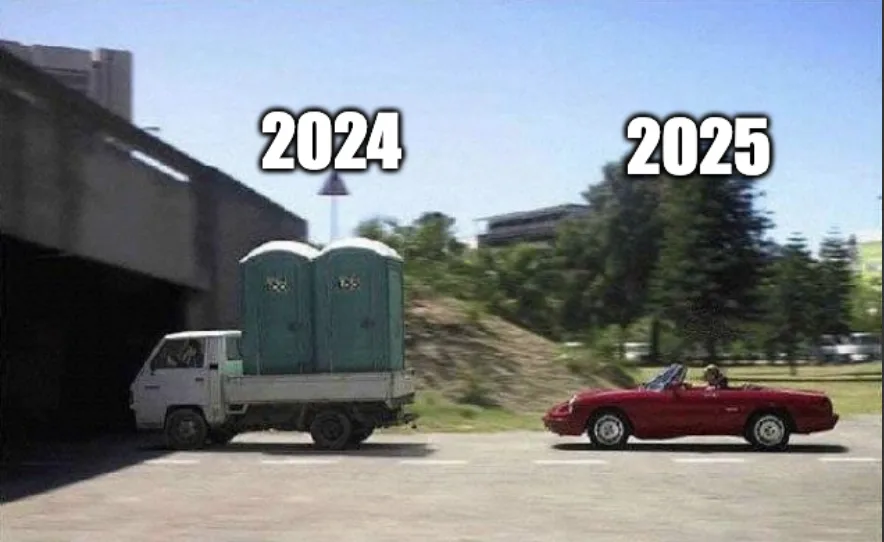 A split image shows a white truck carrying two green portable toilets labeled '2024' on the left, and a red convertible car…