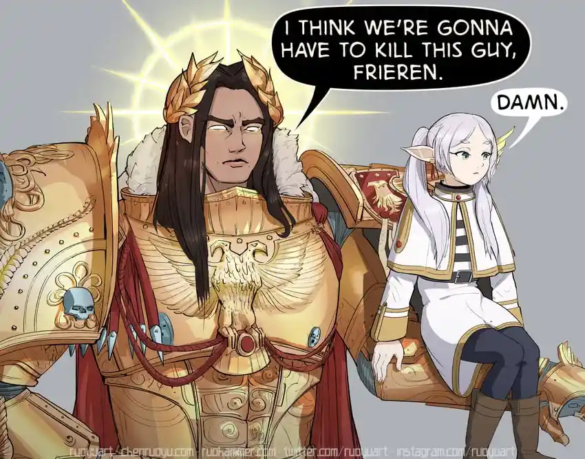 Two anime-style characters are shown; a heavily armored man with a golden crown and stern expression says, 'I THINK WE'RE…