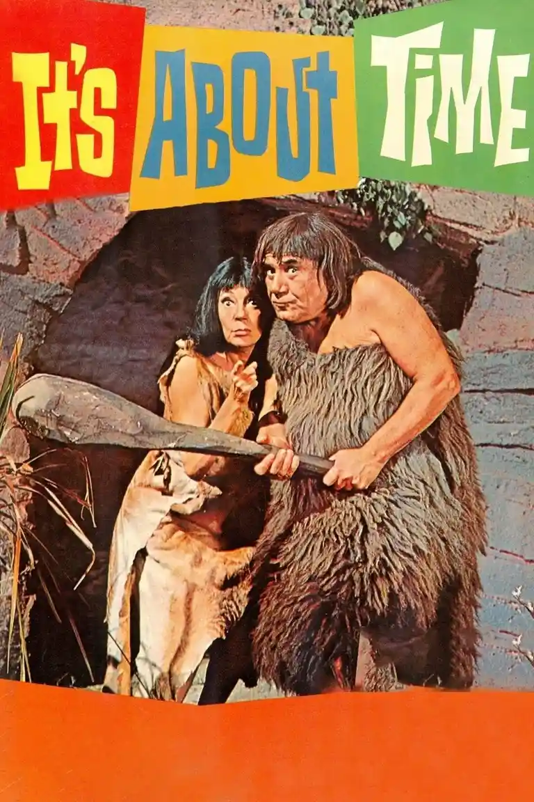 A vintage movie poster for 'It's About Time' shows two cavemen, a man in a fur loincloth and a woman in animal skins…