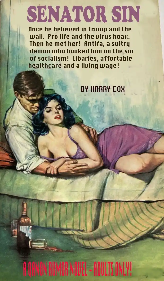 An illustrated book cover featuring a man and woman in a suggestive pose on a bed, with a bottle and glass on the floor. The…