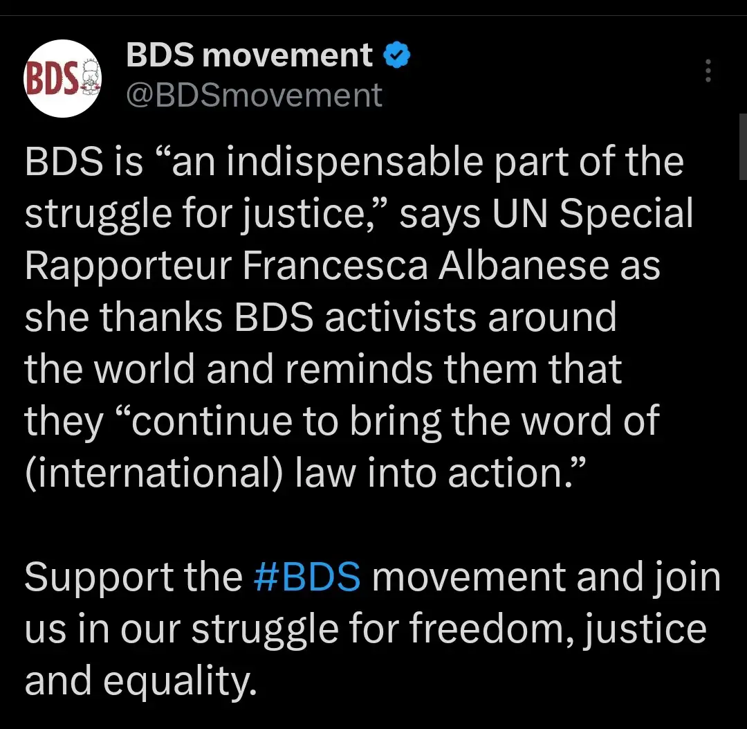 A screenshot of a tweet from the verified account @BDSmovement, featuring a black background with white text. The tweet…