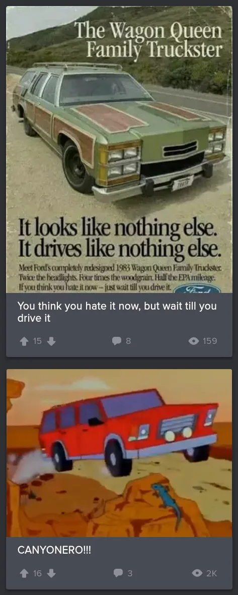 The top image is a vintage Ford Wagon Queen Family Truckster ad showing a green and woodgrain station wagon on a road with…