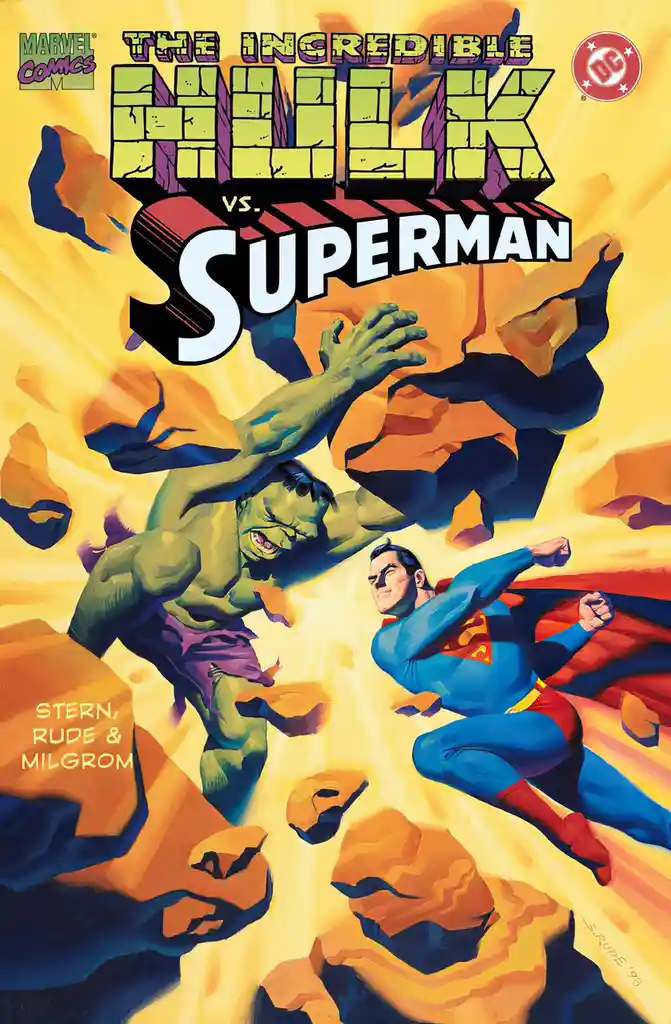 A comic book cover depicts the green-skinned Hulk and the blue-clad Superman locked in combat amidst shattered rock and…