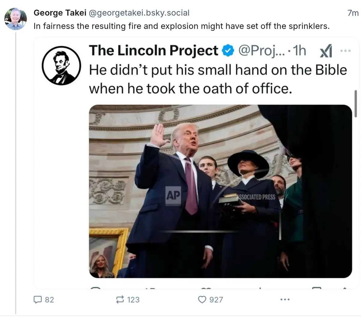 A screenshot of a tweet from 'The Lincoln Project' showing a photo of Donald Trump raising his right hand while taking the…