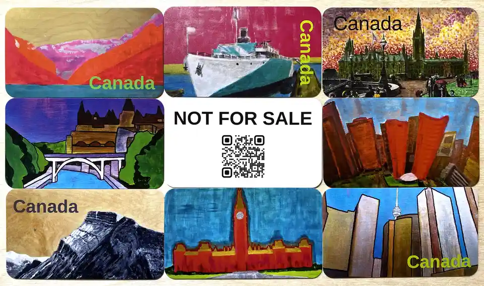 The image displays seven illustrated postcards of Canadian landmarks like mountains, a ship, Parliament Hill, a bridge, a…