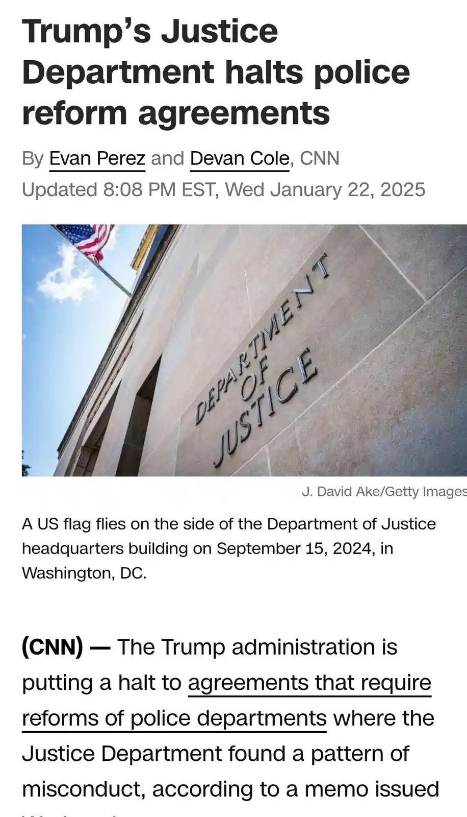 A screenshot of a CNN news article from January 22, 2025, featuring a photo of the Department of Justice building with an…
