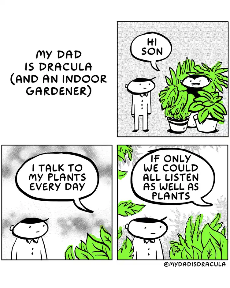 A four-panel comic strip shows a son encountering his dad, who is depicted as a vampire (Dracula) partially hidden behind…