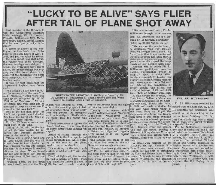 A newspaper clipping from 1945 features a photo of a damaged Wellington bomber with its tail shot off, alongside a portrait…