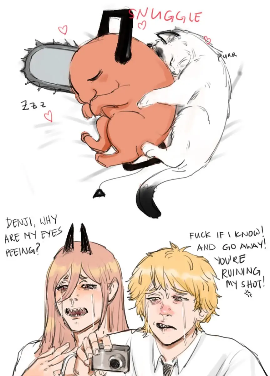 The top panel shows a cartoon cat cuddling a sleeping, chainsaw-wielding character labeled 'SNUGGLE' with hearts and 'Zzz'…