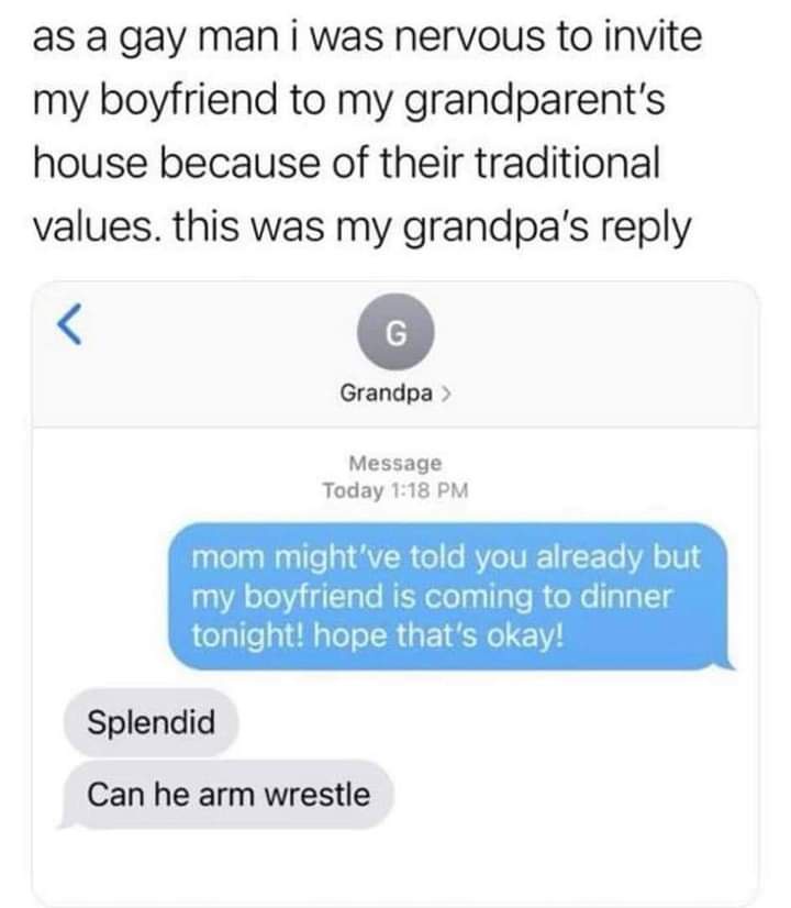 A screenshot of a text message conversation shows a grandchild informing their grandpa that their boyfriend is coming to…