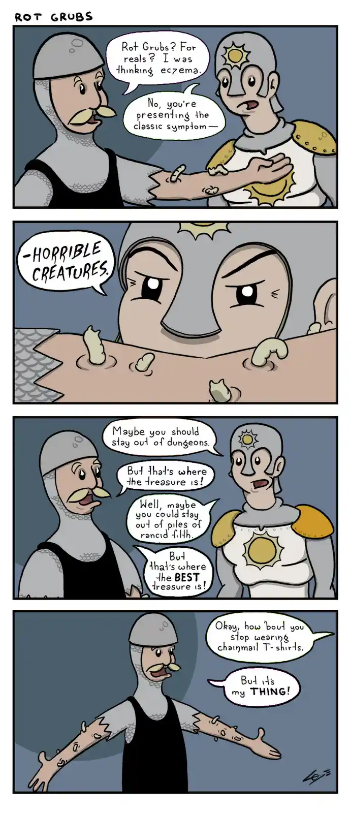 A four-panel comic titled 'ROT GRUBS' shows two armored characters. The first panel shows one character with rot grubs on…