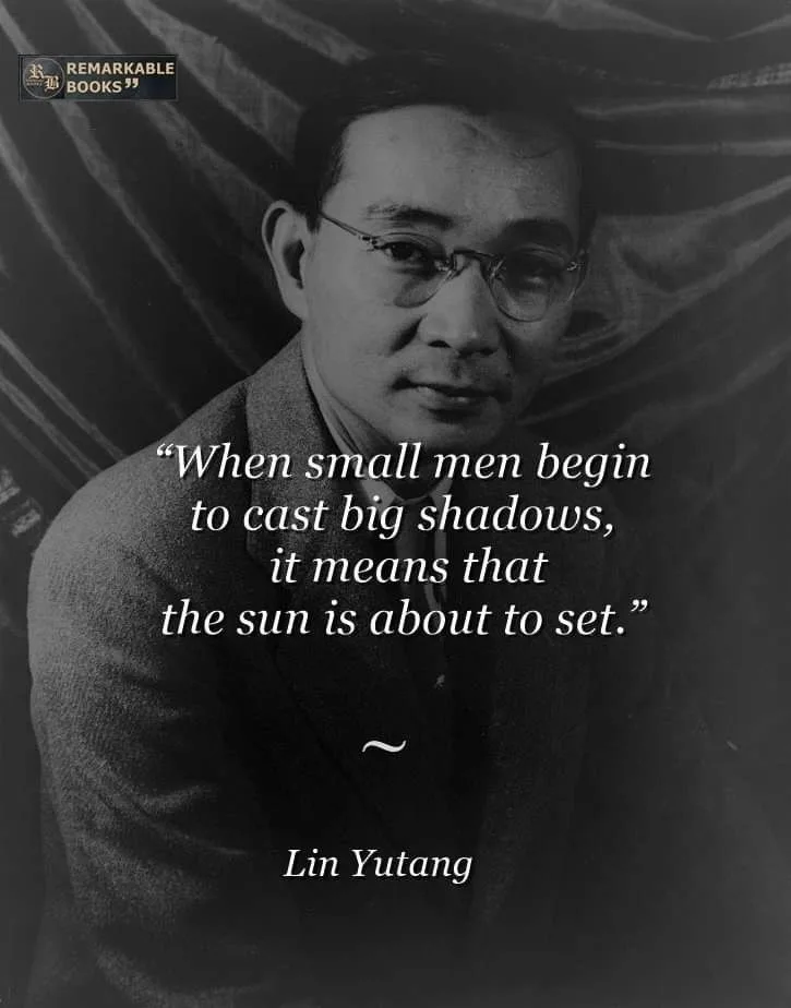 A black-and-white portrait of Lin Yutang, a man wearing glasses and a suit, looking directly at the camera. Overlaid text…
