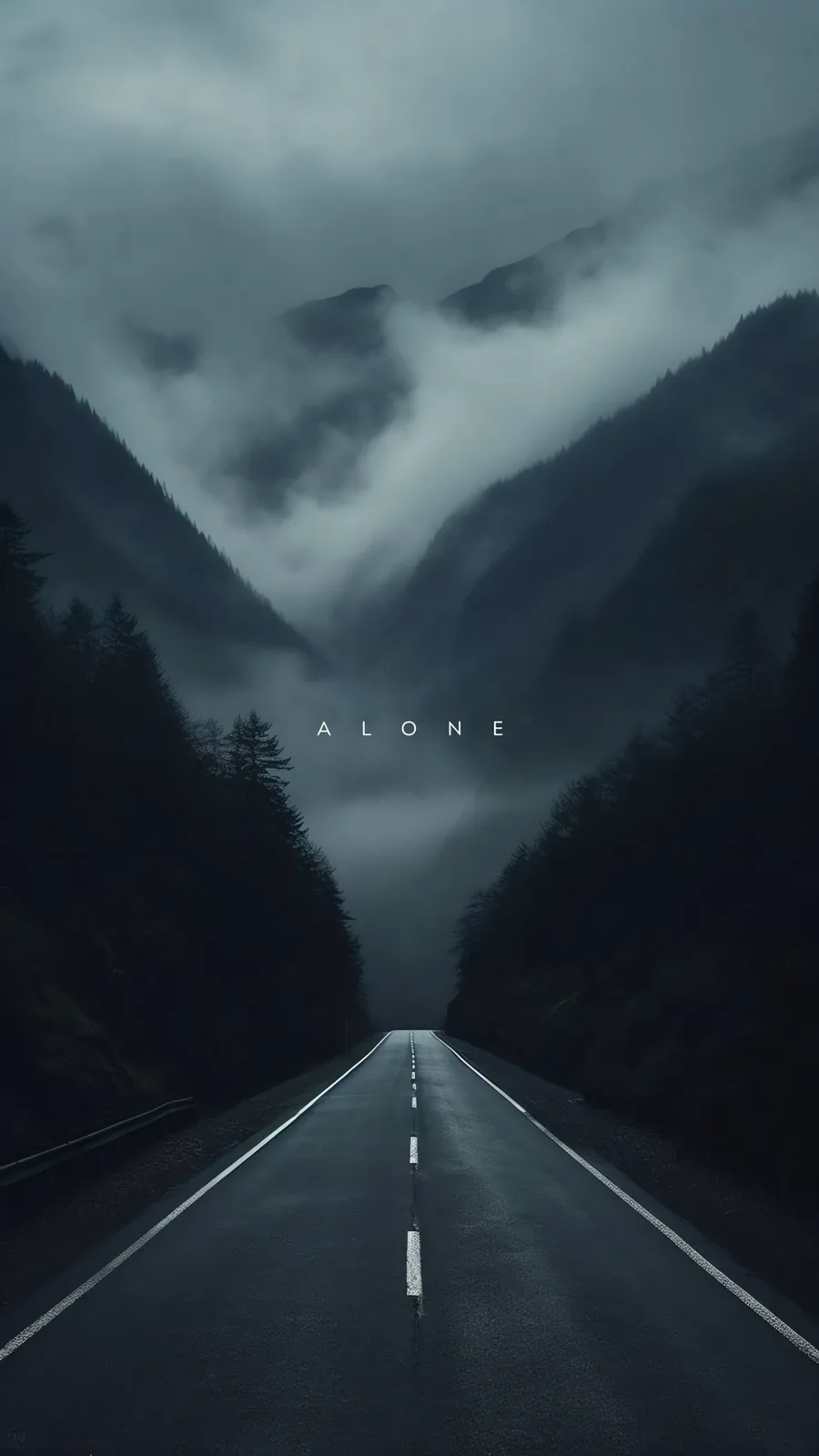 A dark, atmospheric image of a straight, empty asphalt road stretching into a misty mountain valley, flanked by dense…