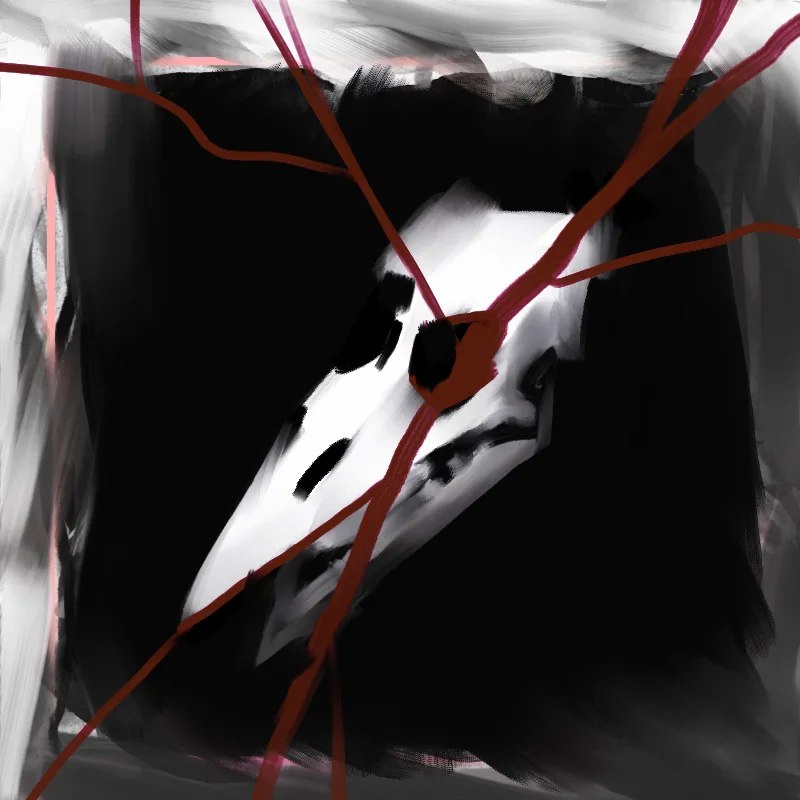 An abstract, painterly image dominated by black and white brushstrokes, with jagged red lines crossing diagonally across the…