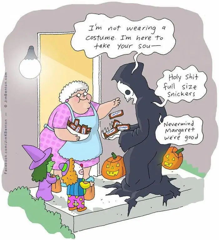 A cartoon depicts a grim reaper in a black robe standing at a doorstep, holding candy bars, while an older woman in a pink…