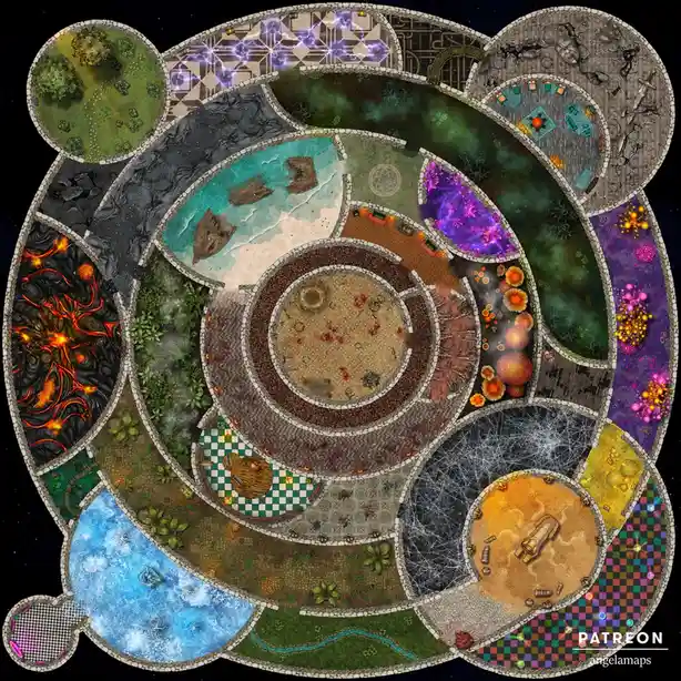 This is a top-down fantasy map composed of many circular segments, each depicting a different biome or environment like…