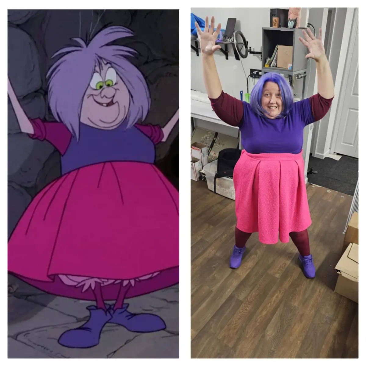 The image is a side-by-side comparison: on the left, an animated character with purple hair, green eyes, and a wide smile…