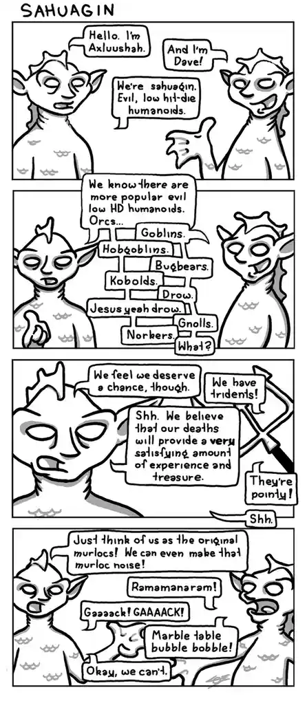 A four-panel comic strip titled 'SAHUAGIN' depicts two sahuagin characters introducing themselves as 'evil, low hit-die…